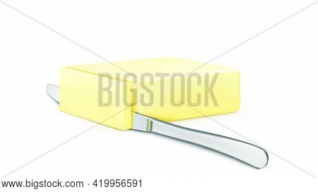 Sliced ​​piece Of Butter With A Knife On A White Background. Vector Illustration