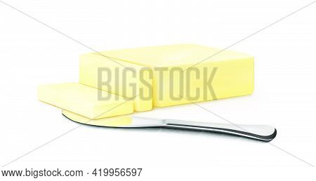 Sliced ​​piece Of Butter With A Lying Knife On A White Background. Vector Illustration