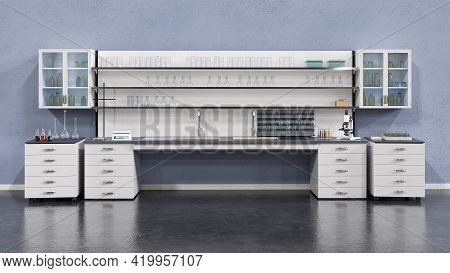 Laboratory Furniture Interior Background. 3d Ralistic Illustration