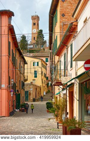 Santarcangelo di Romagna town, Emilia-Romagna, Italy - February 26, 2020: Old street  in Santarcangelo di Romagna town. Italian cityscape