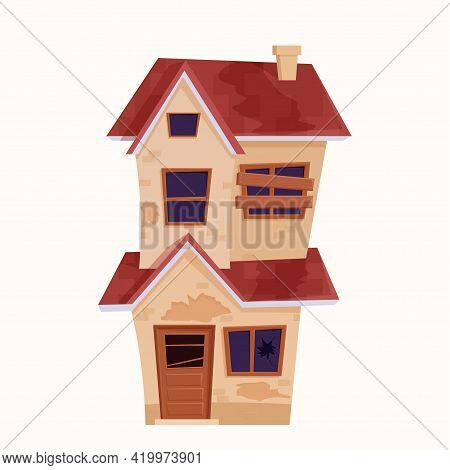 Old Abandoned House, Building In Cartoon Style Isolated On White Background. Broken Property, Wooden