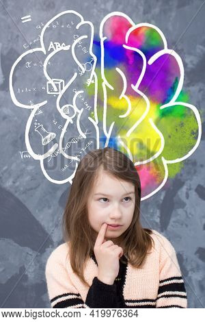 The Girl Has A Brain Drawn Above Her Head, Each Hemisphere Can Work With Something Different.