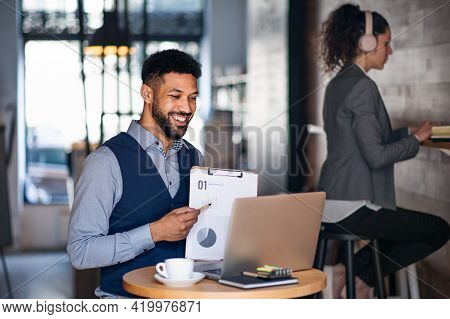 Business People With Laptop Working In Cafe, Freelance Work And Video Call Concept.