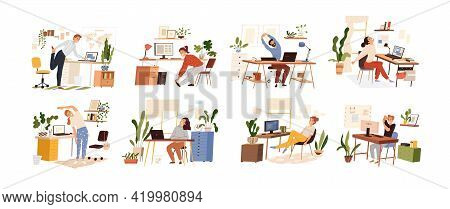 Set Of Different People Practicing Workout At Workplace The Table With A Computer. Vector Isolated. 