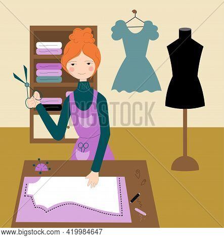 Seamstress Cutting A Dress In An Atelier