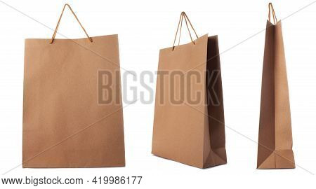 Brown Paper Bag Isolated On White Background. Side, Front, Three-quarter View.