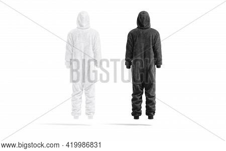 Blank Black And White Plush Jumpsuit Mockup, Back View, 3d Rendering. Empty Velour Or Textile Warm L