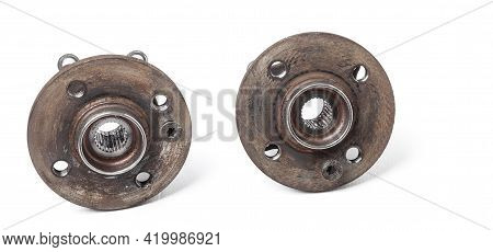 Wheel Hub With Bearing From Old Metal Close-up On White Isolated Background In A Photo Studio. Seaso