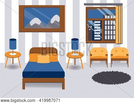 Bedroom Blue Grey Yellow Colors Retro Flat Style
