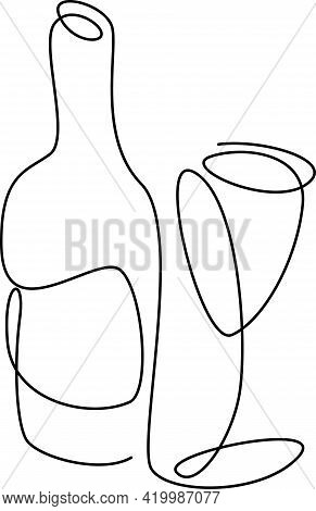 One Black Outline Glass For Wine And Bottle