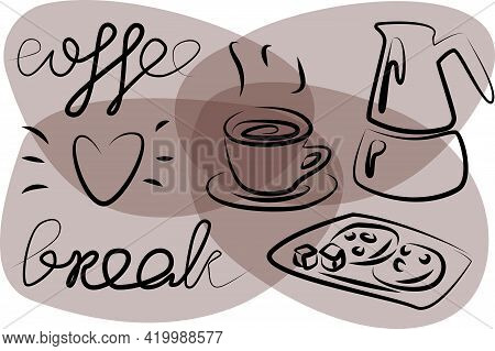 Coffee Break Words Outline Sketch Heart Mug Sugar Cookies Coffeemaker