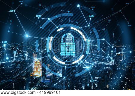 Blue Keylock Hologram On A Background With Dark Night City View, Data Safety And Security Concept, D