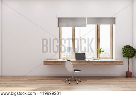 Modern Eco Style Spacious Room With Stylish Work Place With Blank White Wall, Modern Laptop On Woode