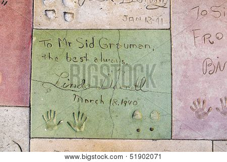 Linda Damells Handprints In Hollywood Boulevard In The Concrete Of Chinese Theatre's Forecourt