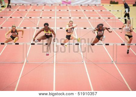 LINZ, AUSTRIA - JANUARY 31 Yvette Lewis (#157 USA) wins the women's 60m hurdles event on January 31, 2013 in Linz, Austria.