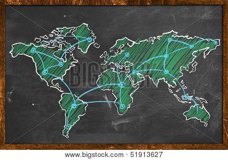 World map networking green chalk
