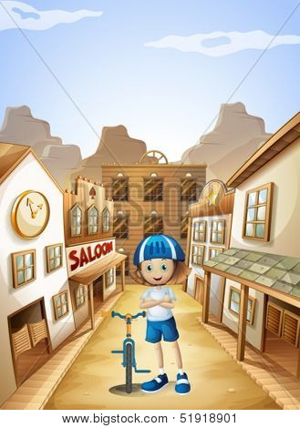 Illustration of a young girl with a bicycle standing in the middle of the saloon bars
