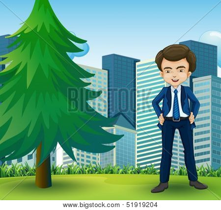 Illustration of a happy businessman standing near the pine tree