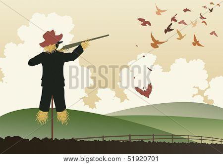 Illustration of a scarecrow shooting pigeons with a shotgun