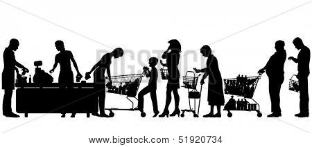 Illustrated silhouettes of people in a supermarket checkout queue