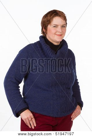 Caucasian woman in blue and red