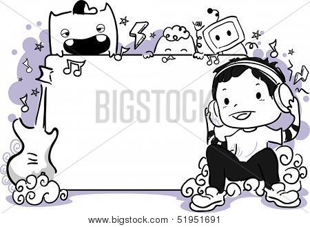 Frame Illustration Featuring Doodle Monsters and a Boy Wearing Headphones