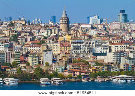 Beyoglu district historic architecture and medieval Galata tower in Istanbul, Turkey