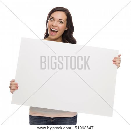 Beautiful Mixed Race Female Holding Blank Sign Isolated on a White Background.  