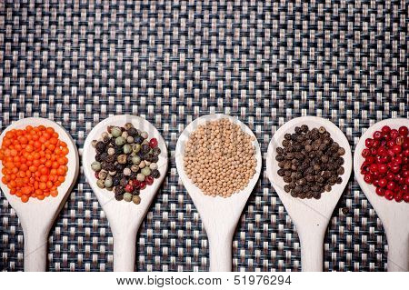 Mix Of Spicy Ingredients For Healthy Cooking, Pepper Corns And B