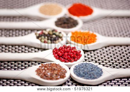 Collection Set Of Spices With Pepper Corns Legumes, Peas, Lentil