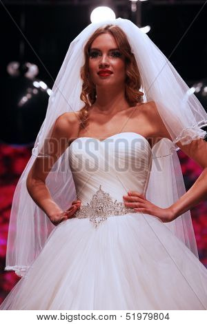 ZAGREB, CROATIA - OCTOBER 04: Fashion model wears dress made by Kontesa Nera on 'Wedding days' show, October 04, 2013 in Zagreb, Croatia.