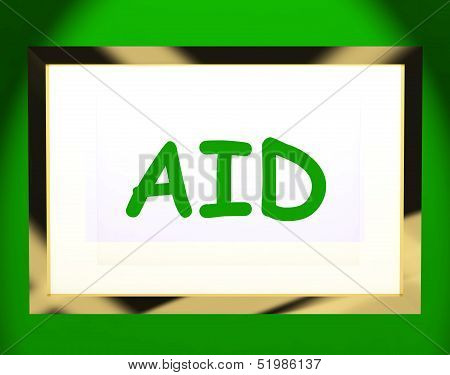 Aid On Screen Shows Assist Aiding Help Or Relief