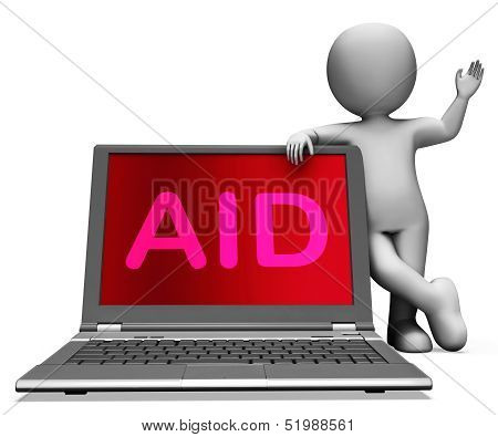 Aid And Character Laptop Shows Assisting Aiding Helping Or Relief