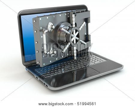 Internet security.Laptop and opening safe deposit box's door. 3d