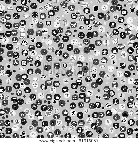 Icons And Circles Seamless Pattern In Grey