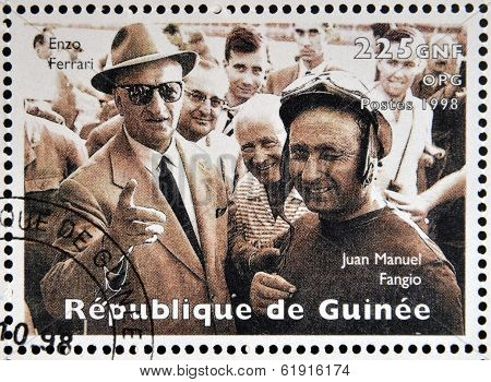 GUINEA - CIRCA 1998: Stamp printed in Guinea dedicated to anniversary of Enzo Ferrari