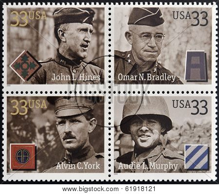 Stamps printed in USA dedicated to Military or Armed Forces shows Distinguished Soldiers