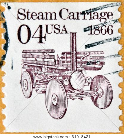 A stamp printed in USA shows Steame Carriage 1866