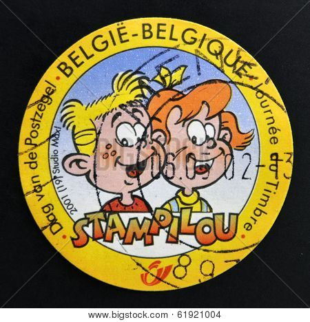 BELGIUM - CIRCA 2001: A stamp printed in Belgium shows Stam & Pilou Comic Strip Wall circa 2001