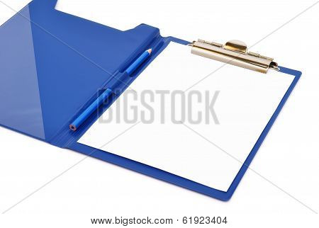 Blue Folder With White Sheet And Pencil On It