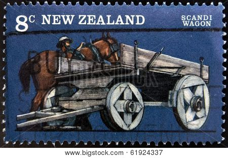 NEW ZEALAND - CIRCA 1976: stamp printed in New Zealand shows Farm Vehicles Scandi wagon circa 1976
