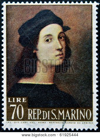 SAN MARINO - CIRCA 1974: A stamp printed in San Marino shows image of Raphael famous italian painter