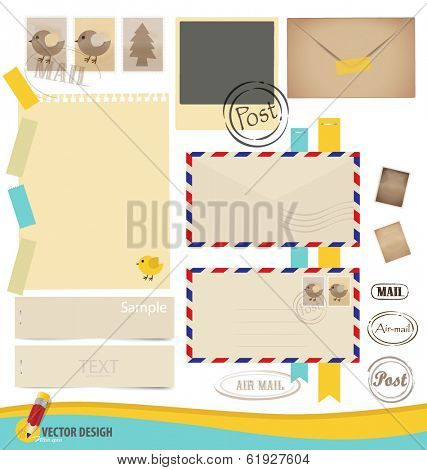Collection of various papers, ready for your message. Vector illustration set: envelope, stamp, tape, ribbon and blank paper designs.