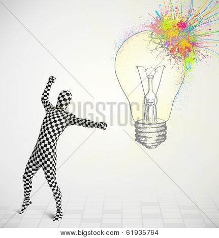 3d human character is body suit morphsuit looking at abstract colorful lightbulb