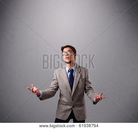 funny man standing and juggling with copy space
