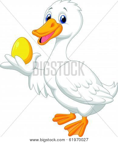 Cute duck cartoon holding golden egg