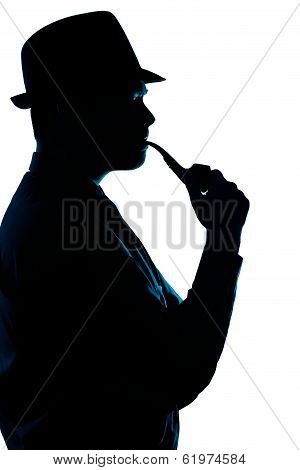 Silhouette of Man Smoking Pipe on a White Background