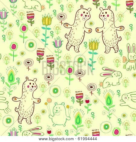 Drawn cartoon animals and flowers.