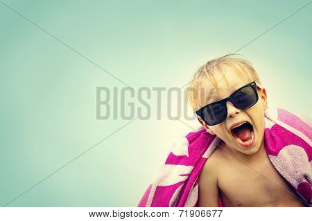 Excited Child In Beach Towel On Summer Day