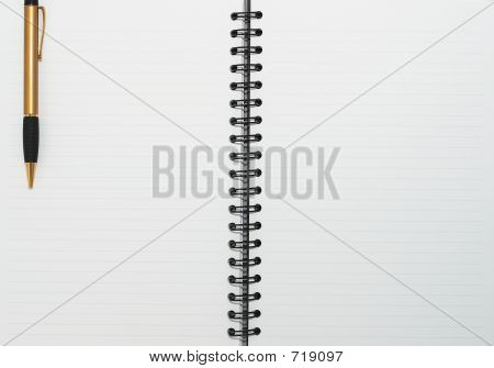 leer leere Ring, Spiral Notepad, ein gold-Stift auf Links